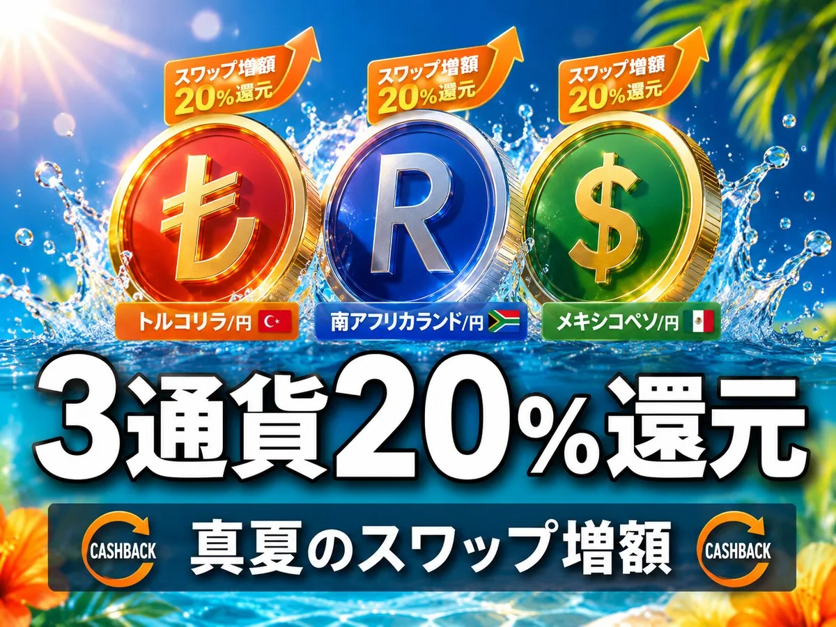 SBI FXトレード「高金利3通貨!真夏のスワップ20%増額キャンペーン」が開催!トルコリラ・南アランド・メキシコペソの全3通貨が20%キャッシュバック